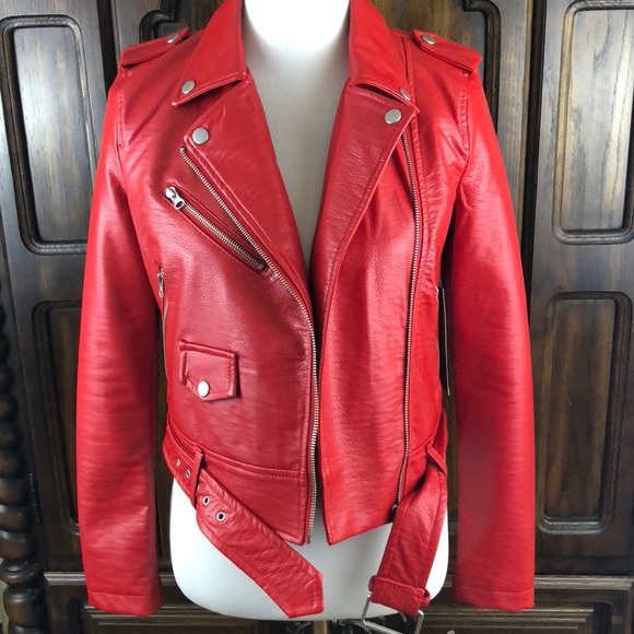 Bright Red Faux Leather Jacket Size Xs 